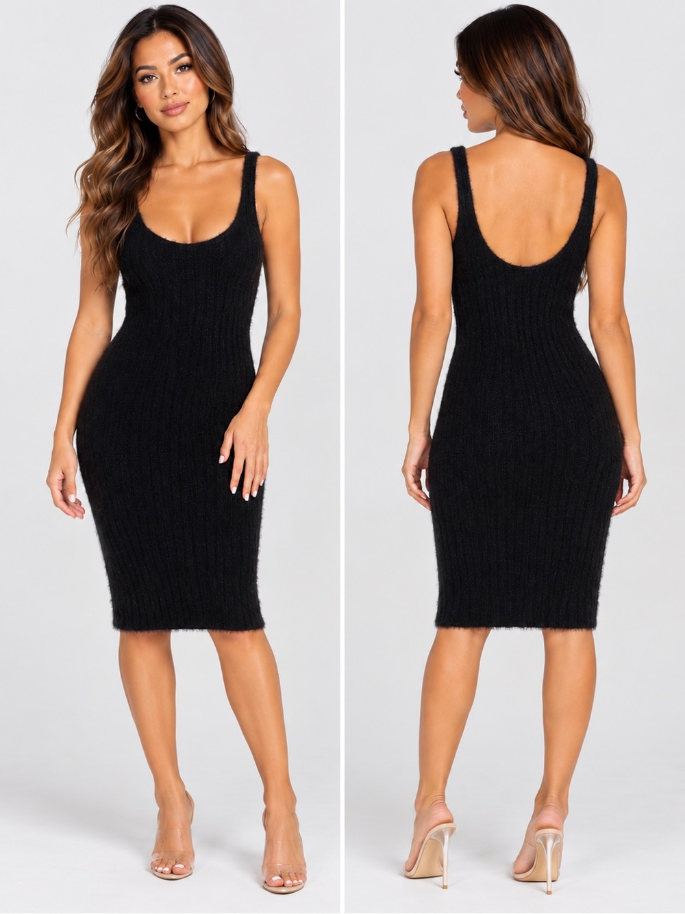 Black Scoop Neck Midi Bodycon Dress